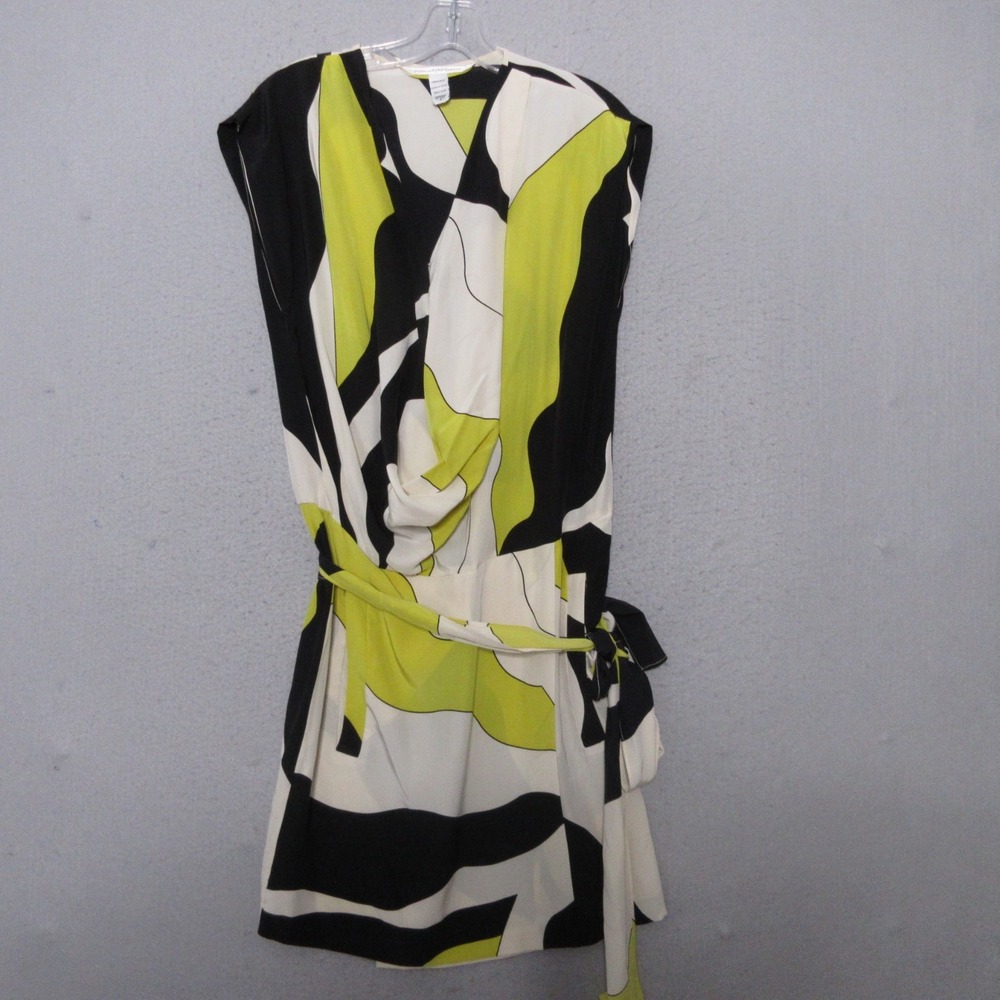 Diane Von Furstenberg DVF Dress 4 Black Yellow Silk Plunge V Mini Belted Deblina